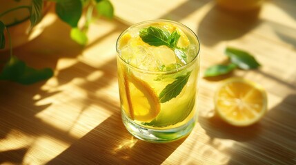 Fototapeta premium Bright and refreshing sunlit tropical lemonade drink with fresh lemon slices green accents and warm summer sunlight casting soft shadows on a wooden table or surface Perfect for relaxation