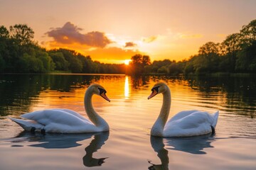 Two elegant swans gracefully glide across the calm lake at sunset. The warm glow reflects on the water. A serene and peaceful nature scene. Generative AI