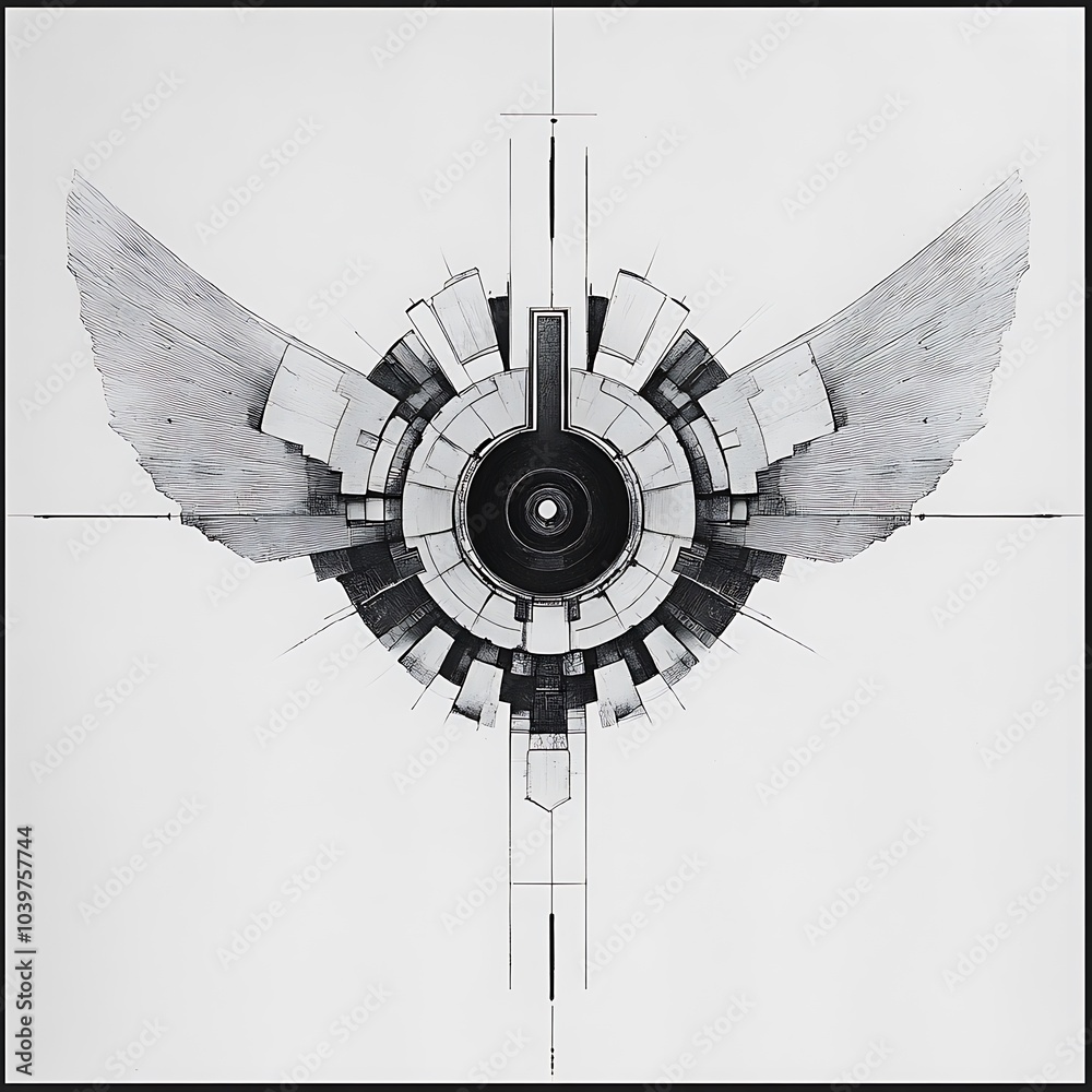 Poster abstract drawing of a symbol with wings, a circle, and geometric shapes, rendered in grayscale.