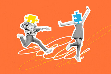 Creative collage picture headless woman man guitarist puzzle quiz match connection fragments musician performance concert