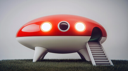 Cute retro red spaceship with glowing lights and stairs in grassy yard