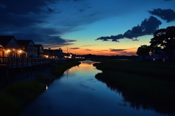 Obraz premium Mount Pleasant Sunset: Shem Creek Night Cityscape with River and Sky View