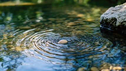 Stone creating ripples in peaceful pond amid rocks