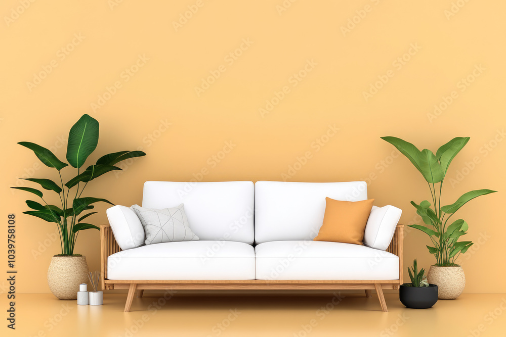 Wall mural Modern living room with white sofa, wooden furniture, stylish home accessories, bright beige backdrop, inviting and contemporary atmosphere