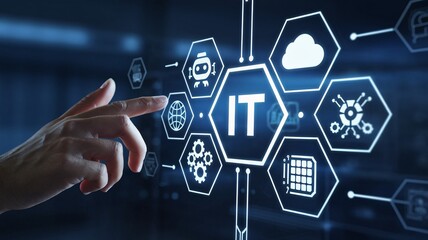 Navigating the Digital Landscape: A hand gestures towards a glowing "IT" icon, surrounded by interconnected icons representing various aspects of information technology.