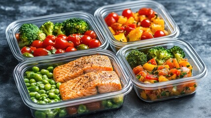 Four meal prep containers filled with salmon, vegetables, tomatoes, and broccoli