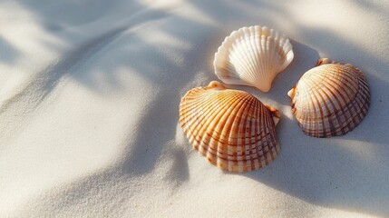 Captivating Seashells on Serene Sands   Minimalist Beach Scene with Soft Shadows and Natural Textures  Peaceful and Elegant Coastal Arrangement with Bright White Sand Subtle Shadows