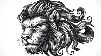 Obraz premium Simple outline of a lion’s face, with intricate details on the mane and powerful eyes, minimalist line art on a pure white backdrop, fine lines capturing the lion's regal presence, hd quality,