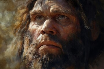 Obraz premium Neanderthal. Ancient Prehistoric Man with Primitive Hair Evolution
