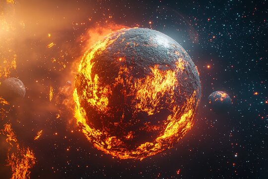 Exploding burning planet in flames and fire in cosmos with stars and other planets in background. Generative Ai