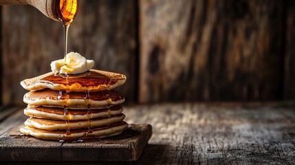 Delicious Pancakes with Maple Syrup on Wooden Table