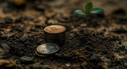 Small plant grows beside stack of coins on soil, symbolizing financial growth and investment