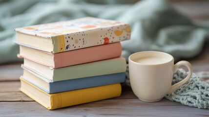 Fototapeta premium Colorful stacked books and white coffee cup on wooden table with blanket