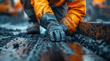 Worker's gloved hands spreading concrete on a construction site. Close-up detail, wearing high-visibility clothing, representing labor and hard work.