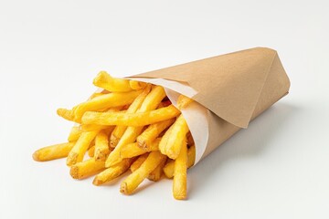 french fries in a paper wrapper on white background