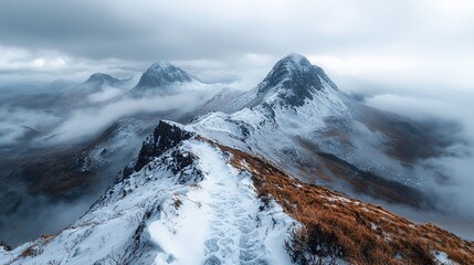 Snowy Mountain Ridge Trail with Foggy Peaks Landscape Photography
