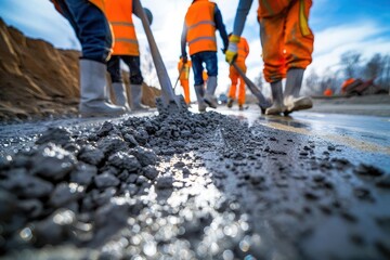 Naklejka premium Construction workers in reflective vests and boots working on asphalt paving a road. Focus on the ground with blurred background.