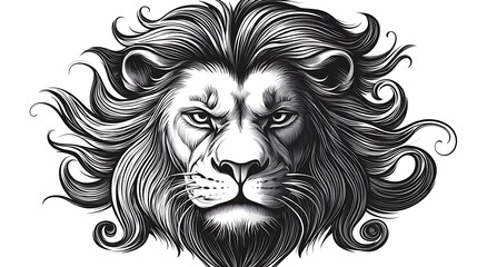 Obraz premium Simple outline of a lion’s face, its mane surrounding the face, minimalist line art on a white background, fine lines emphasizing its majestic expression and fierce eyes, hd quality,