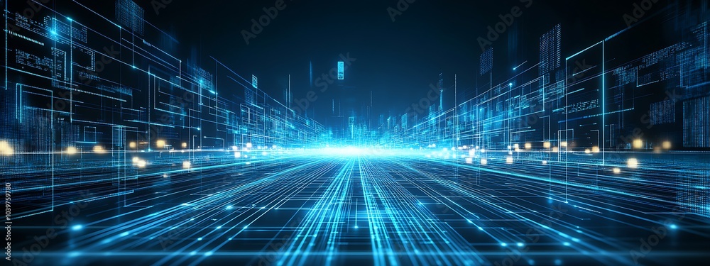 Poster Abstract futuristic cityscape with glowing lines and data patterns.