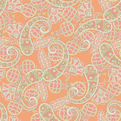 Turkish Cucumber Paisley seamless vector pattern in traditional Oriental style. Decorated with flowers, leaves, and fantasy elements, for fabric, textile and wallpaper covers