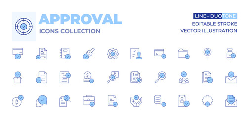 Approval icons collection. Line Duotone style, editable stroke. check, folder, validation, candidate, credit card, approval, approve, approved, corporate policy, exam, cv, file, financial