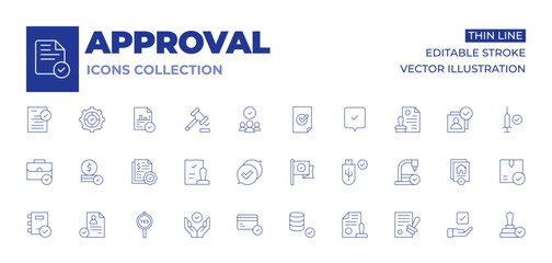 Approval icons collection. Thin Line icons, editable stroke. briefcase, corporate policy, credit card, feedback, approval, approved, agree, approve, usb drive, cv, database, financial, flag
