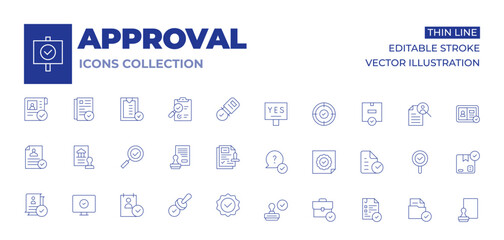 Approval icons collection. Thin Line icons, editable stroke. check, cv, banking, checking, approval, approve, quality, question, stamp, sticker, suitcase, validation, validity