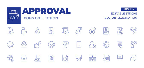 Approval icons collection. Thin Line icons, editable stroke. best practice, container, document, employee, approval, approve, approved, accept, accepted, activism, trophy, check, file