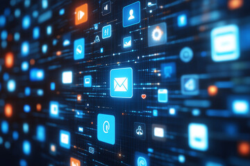 Fototapeta premium Digital grid with glowing communication icons