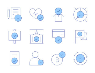 Approval icons. Line Duotone style, editable stroke. flag, bitcoin accepted, container, employee, improve, approve, approved, check, pie chart, approval