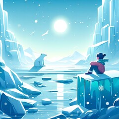 Naklejka premium a serene illustration glacier scene with a young girl sitting on a block of ice in the middle of a frozen landscape