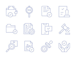 Approval icons. Thin Line style, editable stroke. approval, approve, approved, stamp, agree, payment, opinion, folder
