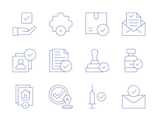 Approval icons. Thin Line style, editable stroke. check, customer, file, approval, approve, approved, accept, quality control, stamp, vaccination