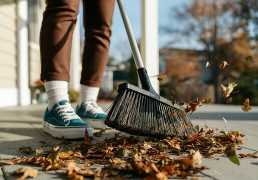 Person is sweeping dry leaves off a porch with a broom on a sunny autumn day