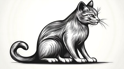 Simple outline of a sitting cat, tail wrapped neatly around its body, minimalistic line art on a pure white backdrop, fine and delicate lines highlighting calmness, hd quality, soft curves,