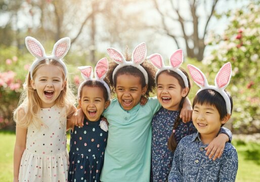Group of children wearing bunny ears is laughing and having fun in the park during easter egg hunt