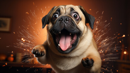 Excited pug jumping with wide eyes and a burst of sparks in the background