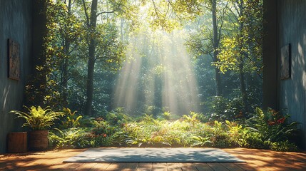 Fototapeta premium Sunbeams Through Forest Wooden Floor Green Plants Nature Background