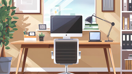 A modern home office desk with a computer, laptop, desk lamp, and a chair.