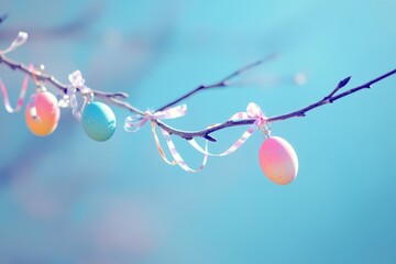 Easter eggs hanging from a tree branch with a pastel color ribbon against a blue sky background