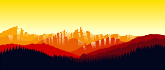Orange mountain landscape wallpaper in a minimalist flat design style. Minimalist beauty background for desktop and wallpaper