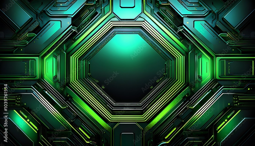 Poster Abstract geometric background with green glowing lines and an octagonal frame in the center.