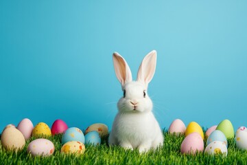 White easter bunny is sitting on green grass with colorful easter eggs and a blue background