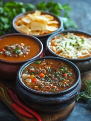 Steaming bowls of hearty soup served with tortilla chips