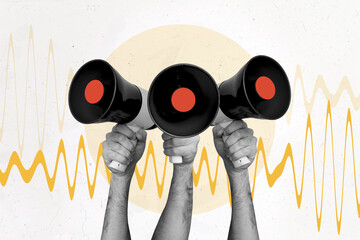 Collage picture hands body fragments hold loudspeaker bullhorn speech sound voice voters protest activists announce information promotion