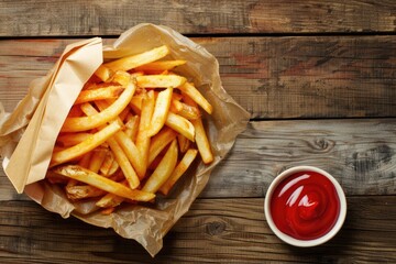 Fresh fried french fries with ketchup on wooden background