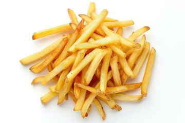 Heap of french fries isolated on white background  top view