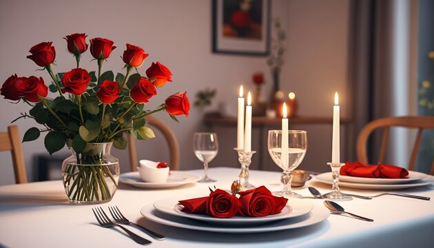A romantic Valentine�s Day scene with a beautifully set dinner table for two, featuring red roses and candles, with soft light creating an intimate atmosphere, Generative AI
