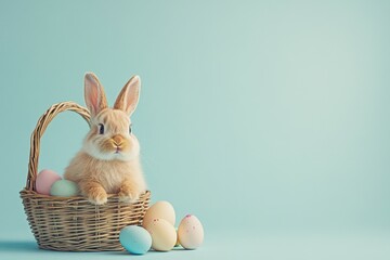 Fluffy bunny is sitting in a wicker basket with colorful easter eggs, against a pastel blue background