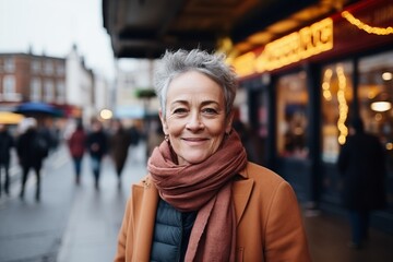 Portrait of happy senior woman walking in city street at Christmas time